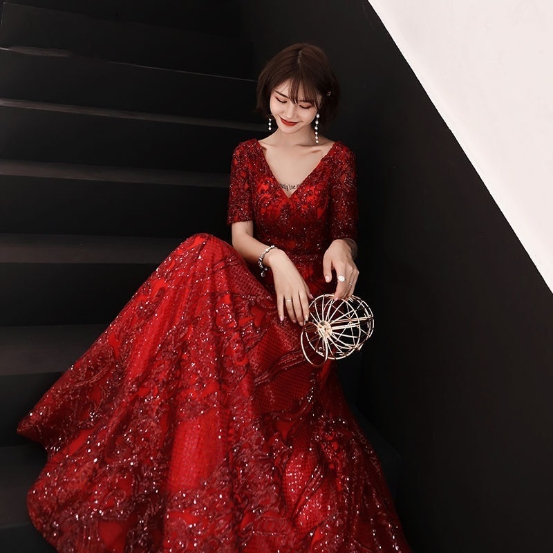 ドレス花嫁の結婚式のドレス気質レッドエンゲージメントバンケット女性のためのホストドレス秋のスタイルドレス