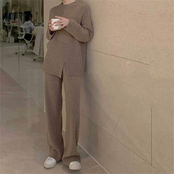 秋春作ニット二点セットおしゃれ気質アウターレディースセットアップ上下セットセーターワイドパンツセットアップ通勤シンプル福袋2025福袋