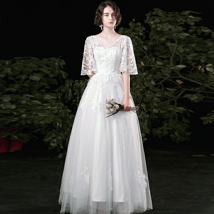 再販未定ウェディングドレス 袖あり ロングドレス 演奏会 Aラインドレス 結婚式 ウエディングドレス 二次会 パーティードレス 花嫁 ブライダル お呼ばれ 大きいサイズ エンパイア ワンピース 披露宴