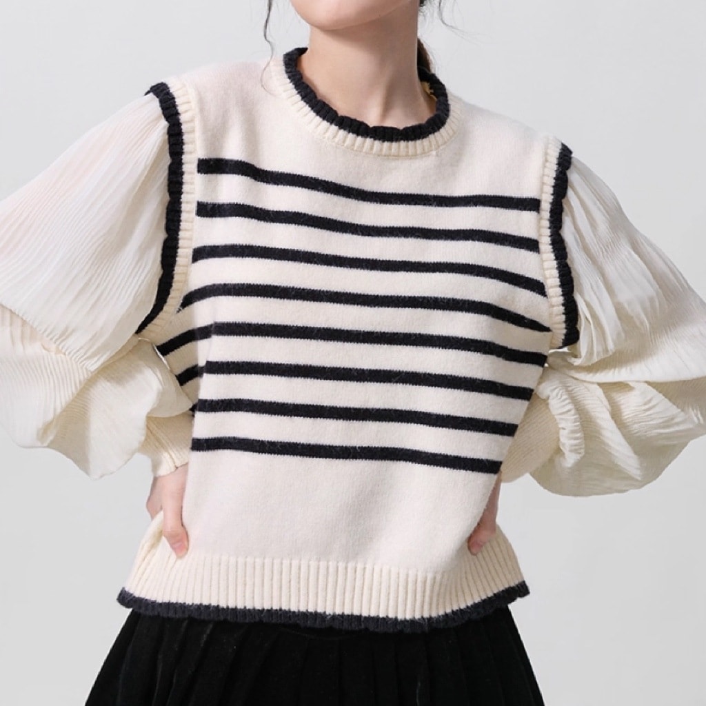 レディース トップス セーター プルオーバー ミディアム 長袖 ボリューム袖 ラウンドネック フェミニン 伸縮性 切り替えデザイン かわいい 大人可愛い シンプル カジュアル おしゃれ こなれ感