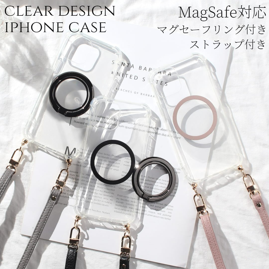 iphone8Plus ケース クリア リング付き iphone8Plus ショルダー ストラップ付き レザー マグセーフ magsafe マグネット 8plus 7plus スマホケース