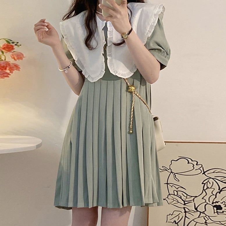 3color レディース ビッグカラープリーツワンピース パフスリーブ ミニ ドレス ショート丈