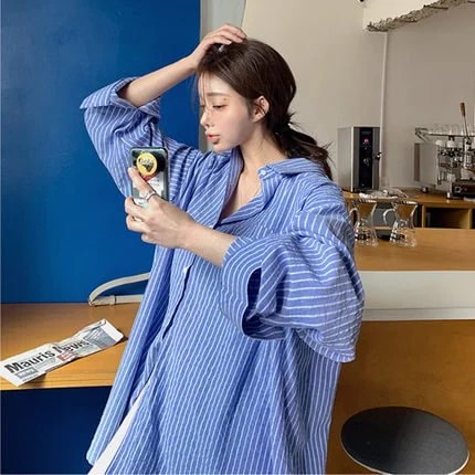 長袖シャツ レディース トップス ストライプシャツ ゆったり オーバーシルエット ルーズシャツ カジュアル おしゃれ デイリー コットン 綿 ブルー オフィス 長袖シャツ
