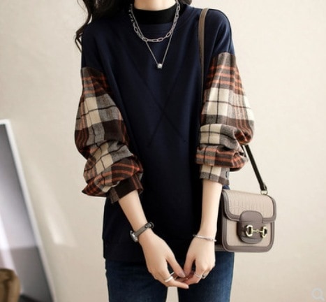 重ね着風切替えデザイン長袖トップス チェック柄 トップス 長袖 ストレート 綿 ブルー 爽やか かわいい 可愛い きれいめ シンプル カジュアル 上品 おしゃれ かっこいい レトロ 可愛い