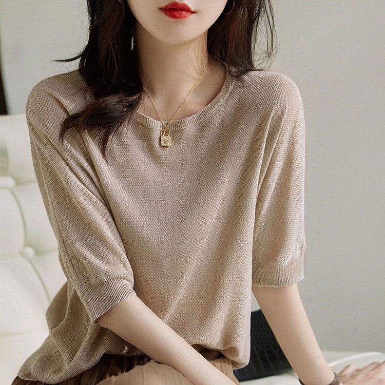 トップス ニットソー ショート ショート丈 袖あり 5分袖 ラウンドネック ワイド ニット かわいい 大人可愛い きれいめ シンプル カジュアル 大人 上品 おしゃれ お洒落 大人女子 こなれ感 ラフ