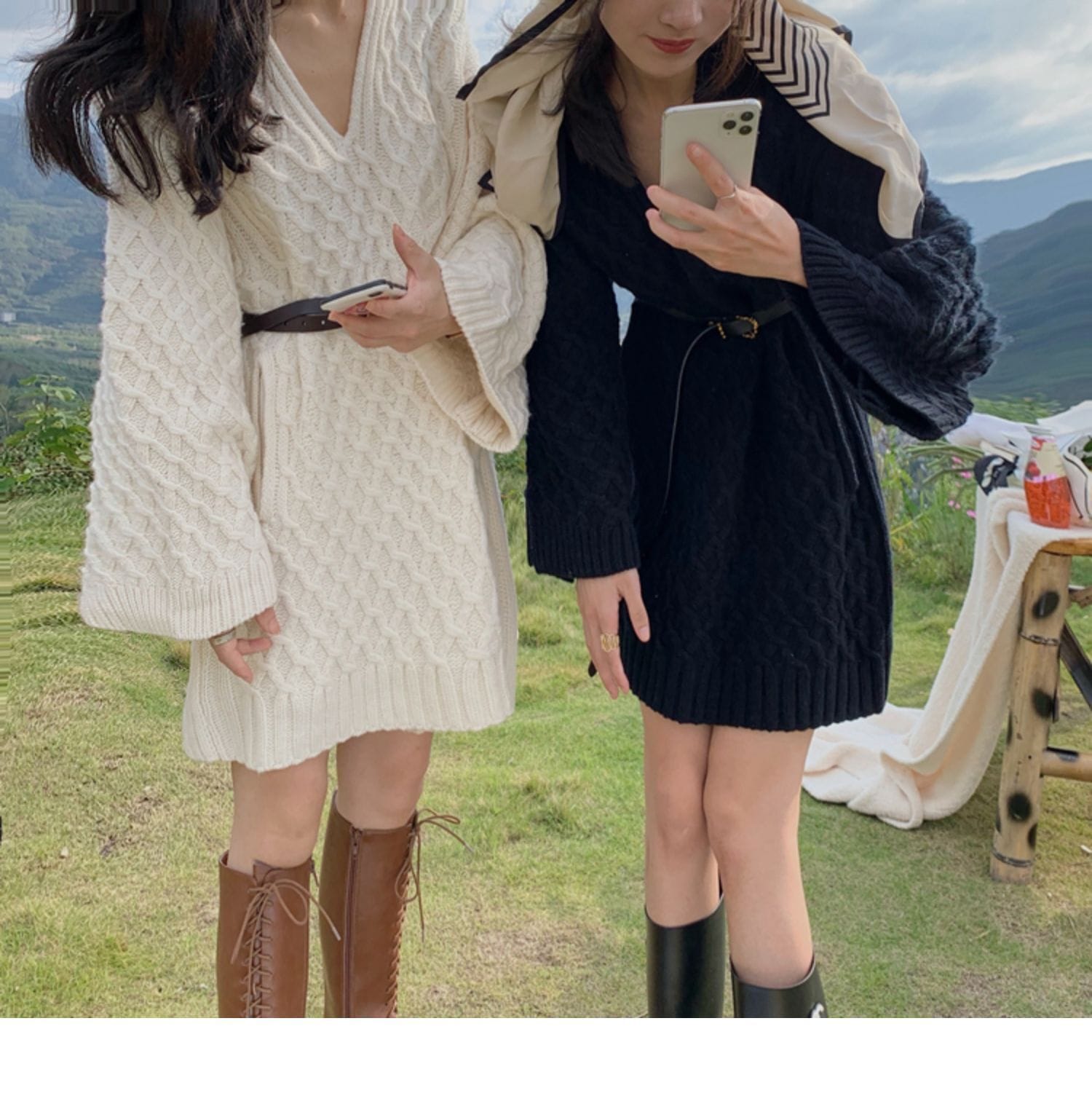 ワンピース チュニック ミディアム丈 袖なし 長袖 ドロップショルダー Vネック デザイン オーバーサイズ ビッグシルエット 美ライン ニュアンス ベルト ウエストマーク リブ 編み込み 伸縮性