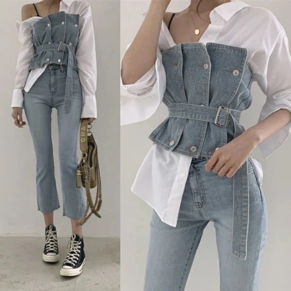 【激安】2点セットきれいめ レディース ファッション シャツ トップス レディース ブラウス デニム 2点セット 白シャツ 長