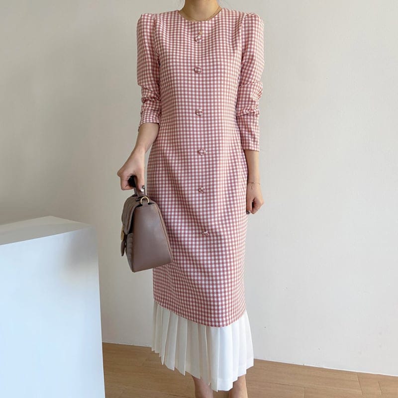 ワンピース レディース ロング ミモレ丈 ギンガムチェック プリーツ パワーショルダー