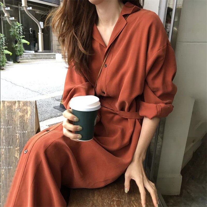 韓版 無地 ゆったり 着痩せ 気質 ウエスト引き締め レジャーシャツ長袖ンワンピースXFZ45 母の日