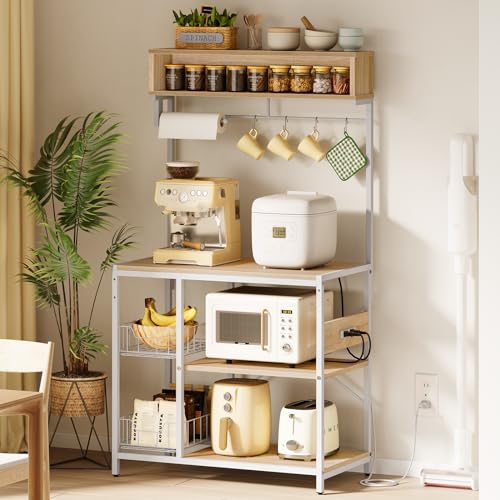 Bestier レンジラック 幅85レンジ台 2口コンセント付きキッチンラック 5段式レンジ台 幅84.6×奥行41×高さ165.5cmキッチン棚 全体耐荷重85kg 大型電子レンジ対応 S字フック1