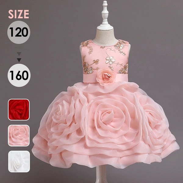 ピアノ発表会 ドレス 中学生 ワンピース ジュニアドレス 七五三 女の子 キッズドレス バラ柄 ショートドレス ひざ丈 ガール 子供ドレス 袖なし ノースリーブ 演奏会 フラワーガール ベールガール