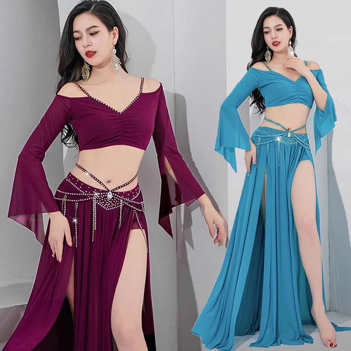 ベリーダンス衣装 セット衣装 メッシュ スパンコール キラキラ 可愛い ベリーダンス 衣装セット インナーパンツ付き ロング丈 スカート Vネック オフショルダー トップス おしゃれ ベリーダンス 衣 5,245円