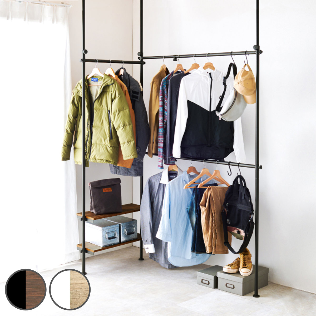 ハンガーラック 突っ張り 棚付き L字 幅158ー198cm S字フック付 ラック 収納ラック 壁面ラック 服 つっぱり ハンガー スリム 洋服掛け 頑丈 棚 突っ張りラック 2段