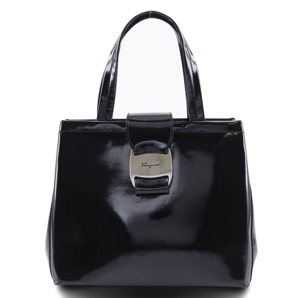Salvatore Ferragamo サルヴァトーレフェラガモ ヴァラ ハンドバッグ パテントレザー 黒 レディース 中古品
