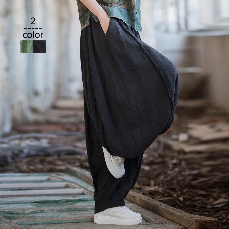 【急速出荷!】綿麻　リブ ワイド パンツ カジュアル ボトムス 綿麻 レディース おしゃれ 流行 可愛い カジュアル シンプル 着回し 大人可愛い 楽ちん ズボン ウエストゴム ロング 10分丈
