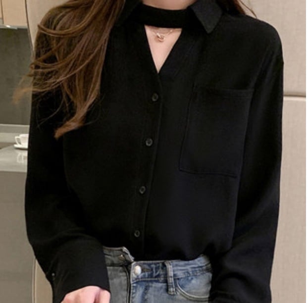 トップス デート かわいい 大人可愛い きれいめ シンプル カジュアル 大人 上品 おしゃれ お洒落 シャツ Vネック ブラック ２XL 韓国 モテ 休日 個性的 コーデ　春 秋 旅行 お出かけ