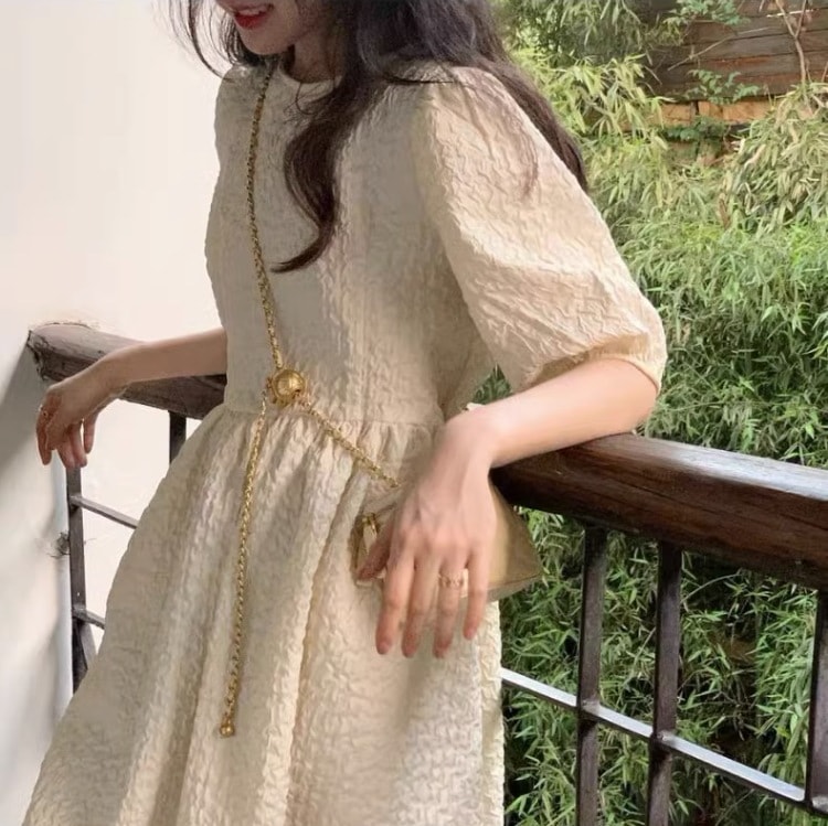 パフスリーブワンピース ラウンドネックワンピース バックリボンデザイン レディース スカート ワンピース オールインワン フレア ドレス フレアスカート ロングスカート ロング 8分丈 丈長 半袖