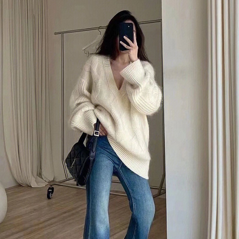 レディース トップス ニット 長袖 Vネック フェミニン ストリート かわいい 大人可愛い シンプル カジュアル おしゃれ ルーズ ラブリー キュート ベーシック ナチュラル 無地 秋 冬 デート
