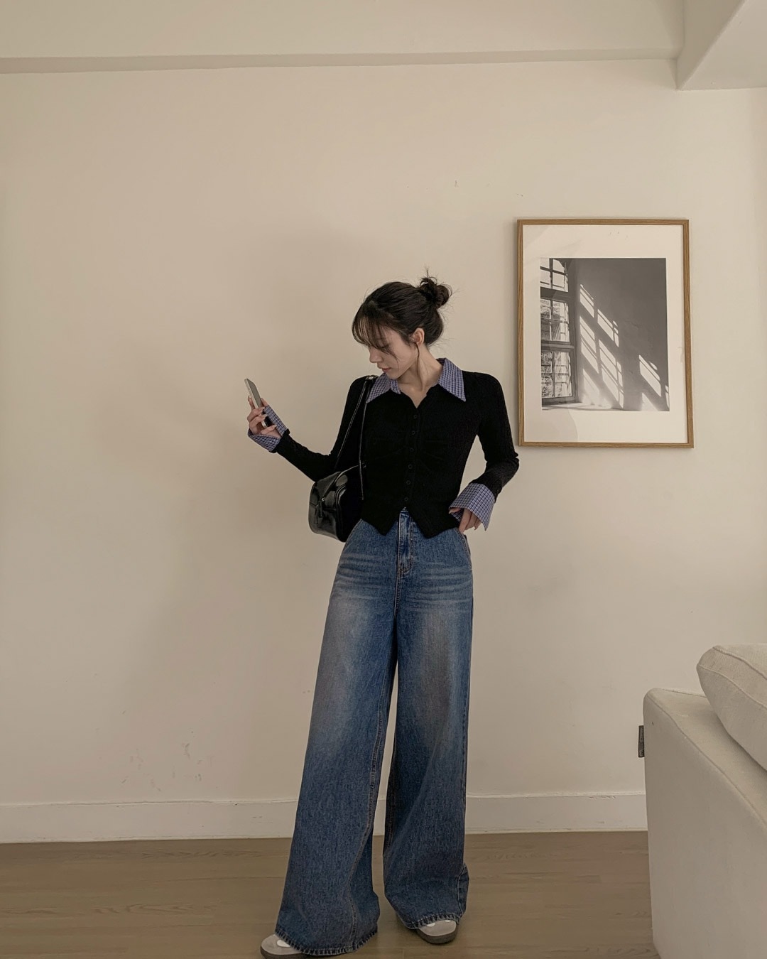 裏起毛ワイドデニムパンツ韓国ファッション レディース