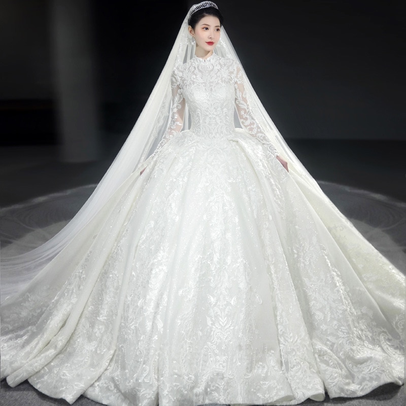 レースの長袖パーティードレス ウエディングドレス 白 結婚式 ドレス 二次会 花嫁 フォトウエディング ビーチフォト 前撮り 後撮り 披露宴 トレーンドレス Aライン パーティードレス