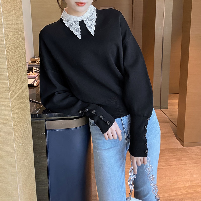 トップス レースカラー プルオーバー ニット 2色 OHCA0069