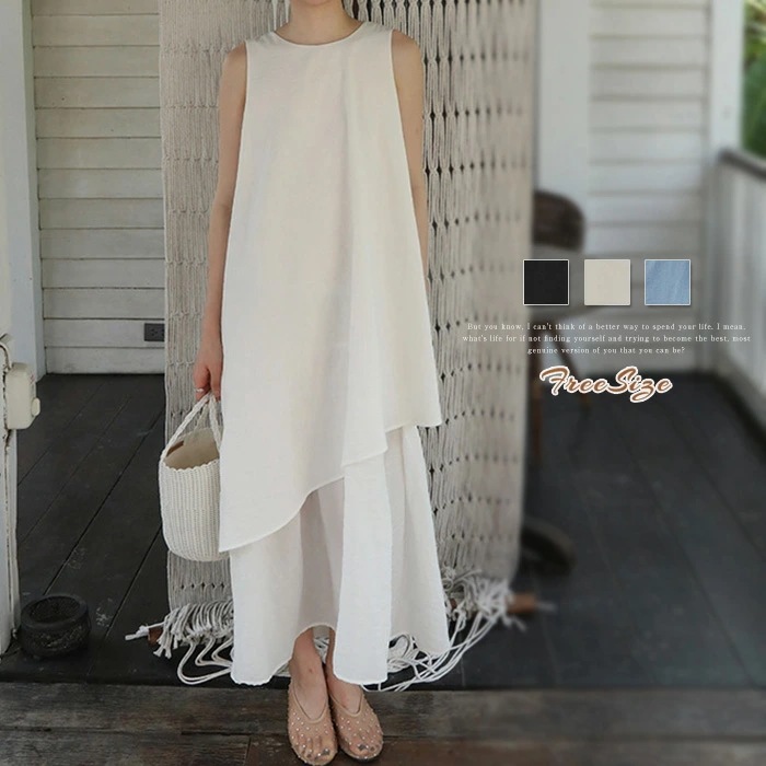 タンクワンピース ワンピース アシンメトリー ノースリーブ レディース ロング きれいめ リボン フェイクレイヤード 涼しい 春 夏 ナチュラル ロングワンピース aラインワンピース aライン ゆった