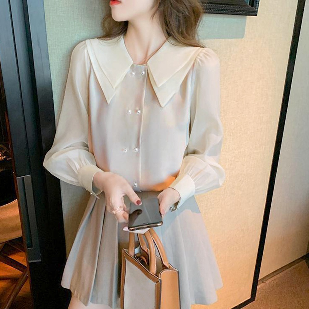 ブラウス レディース ダブル襟 長袖 シフォン シャツ カジュアル 春秋 112936