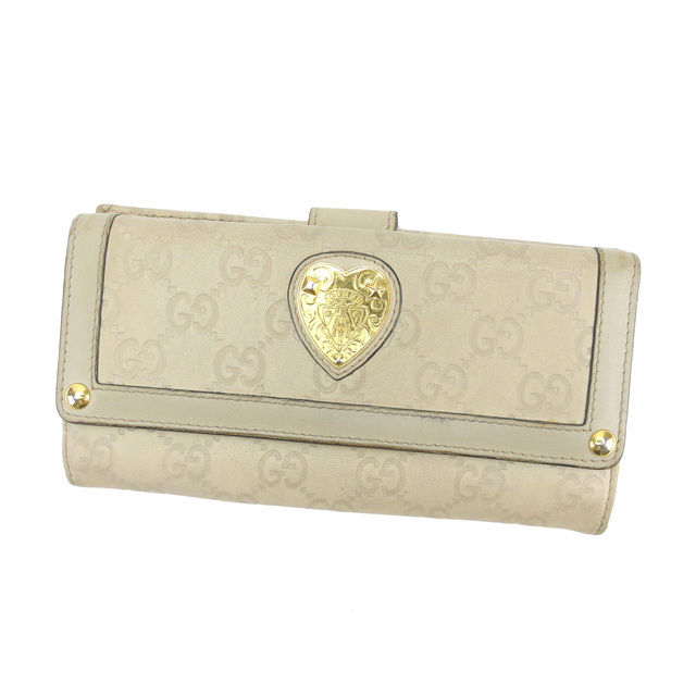 長財布 Wホック 二つ折り グッチシマ ハートクレストディティール ベージュ ゴールド 中古