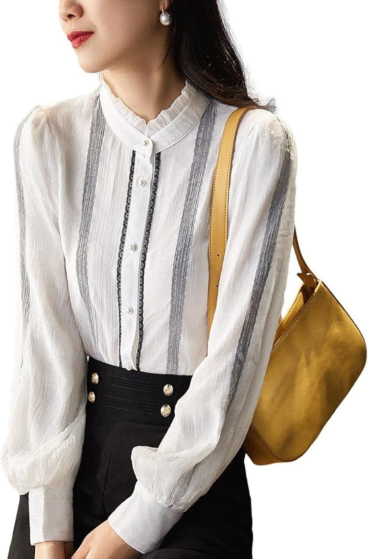 パフスリーブシフォンブラウス レース 立ち襟 裏地あり モノトーン 透け感 シック 小さいサイズ ブラウスレディース ボリュームスリーブ バイカラー( ホワイト, XL)