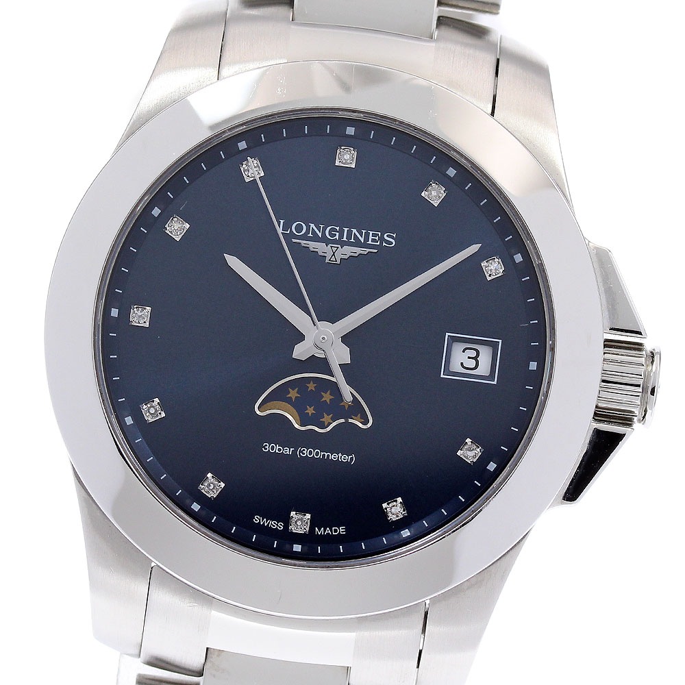 ロンジン LONGINES L3.381.4 コンクエスト デイト ムーンフェイズ クォーツ レディース 箱・保証書付き_845523【中古】