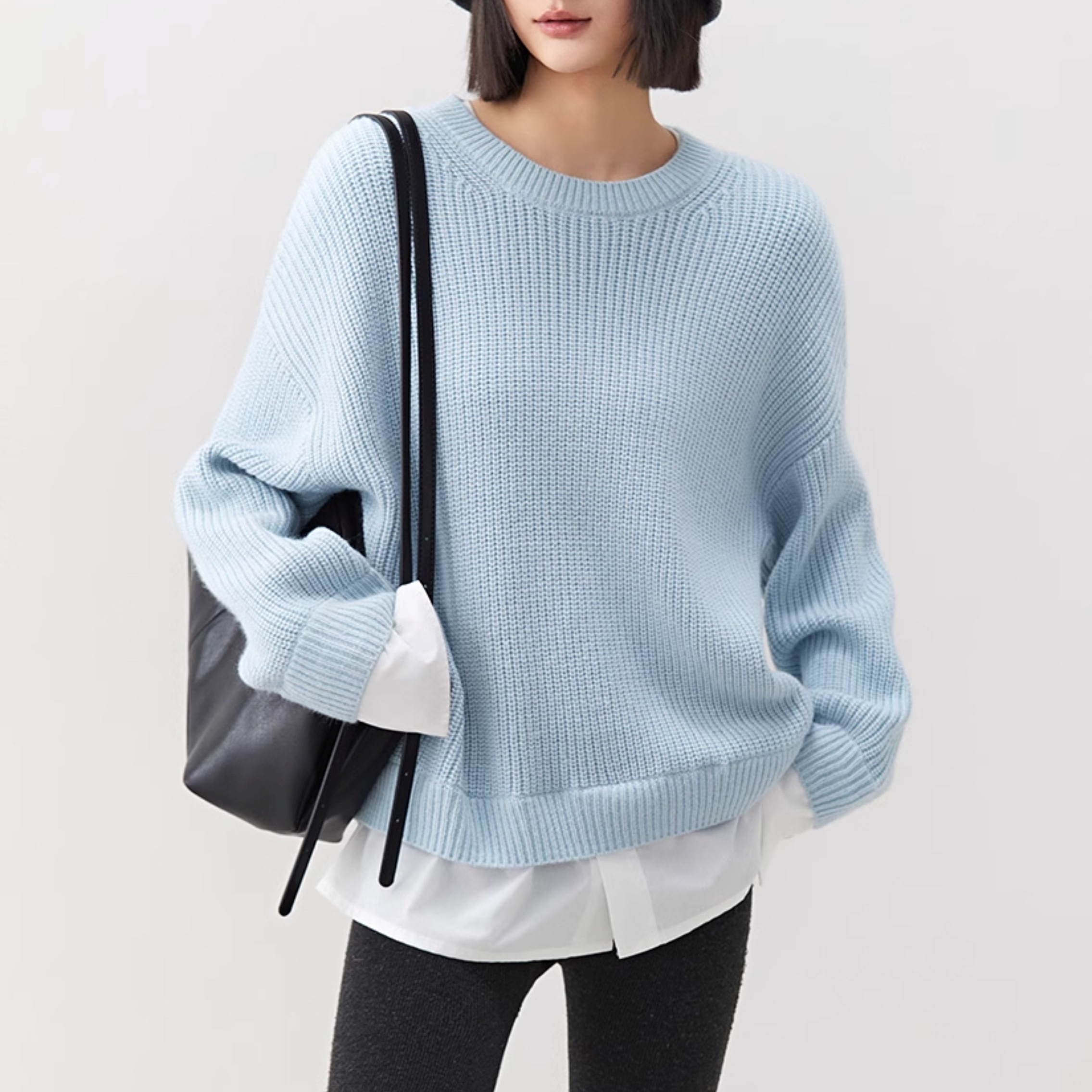 トップス セーター 長袖 ラウンドネック プルオーバー ミディアム丈 重ね着風 萌え袖 かわいい 大人可愛い きれいめ シンプル 上品 おしゃれ かっこいい カジュアル こなれ感 個性的 主役級