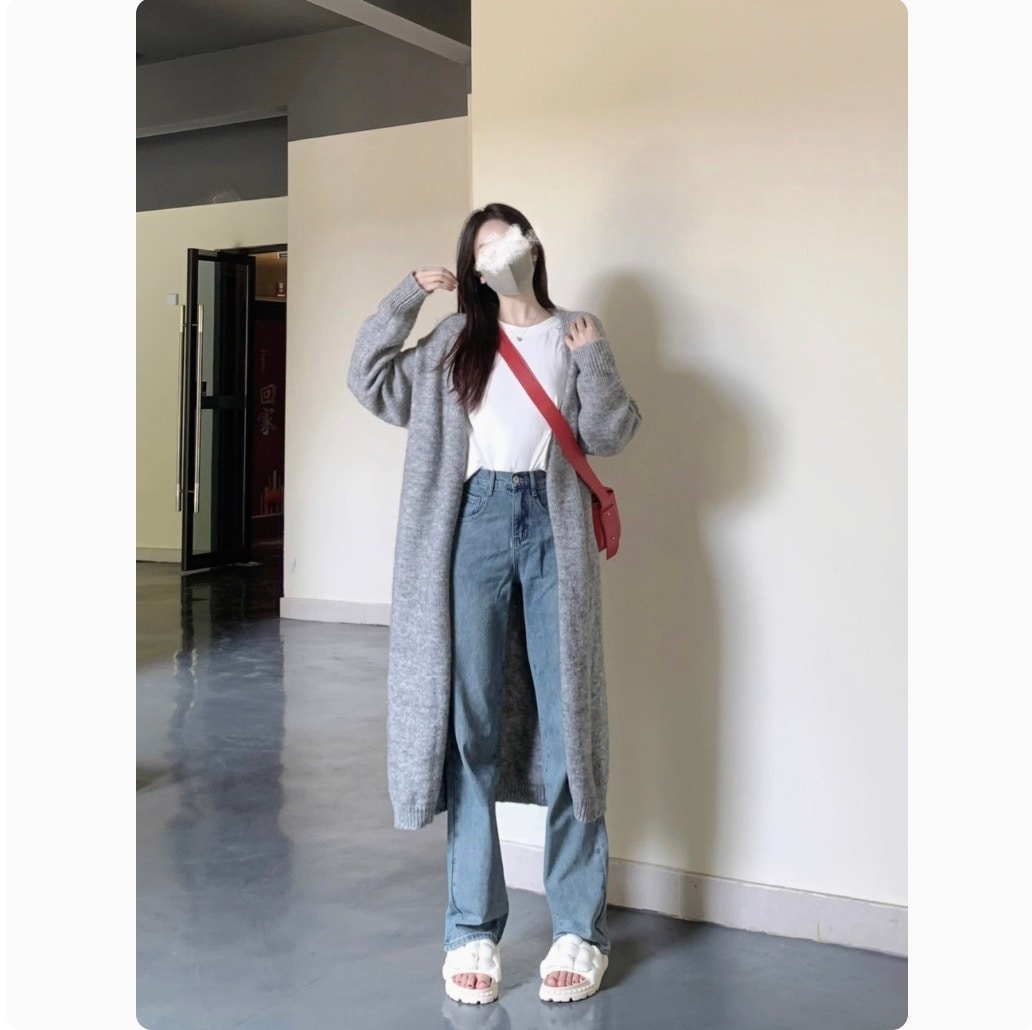 レディース トップス ニット カーディガン デート ロング ロング丈 袖あり 長袖 萌袖 襟なし ワイド Iライン スマート 前開き 伸縮性 厚手 かわいい 大人可愛い きれいめ シンプル