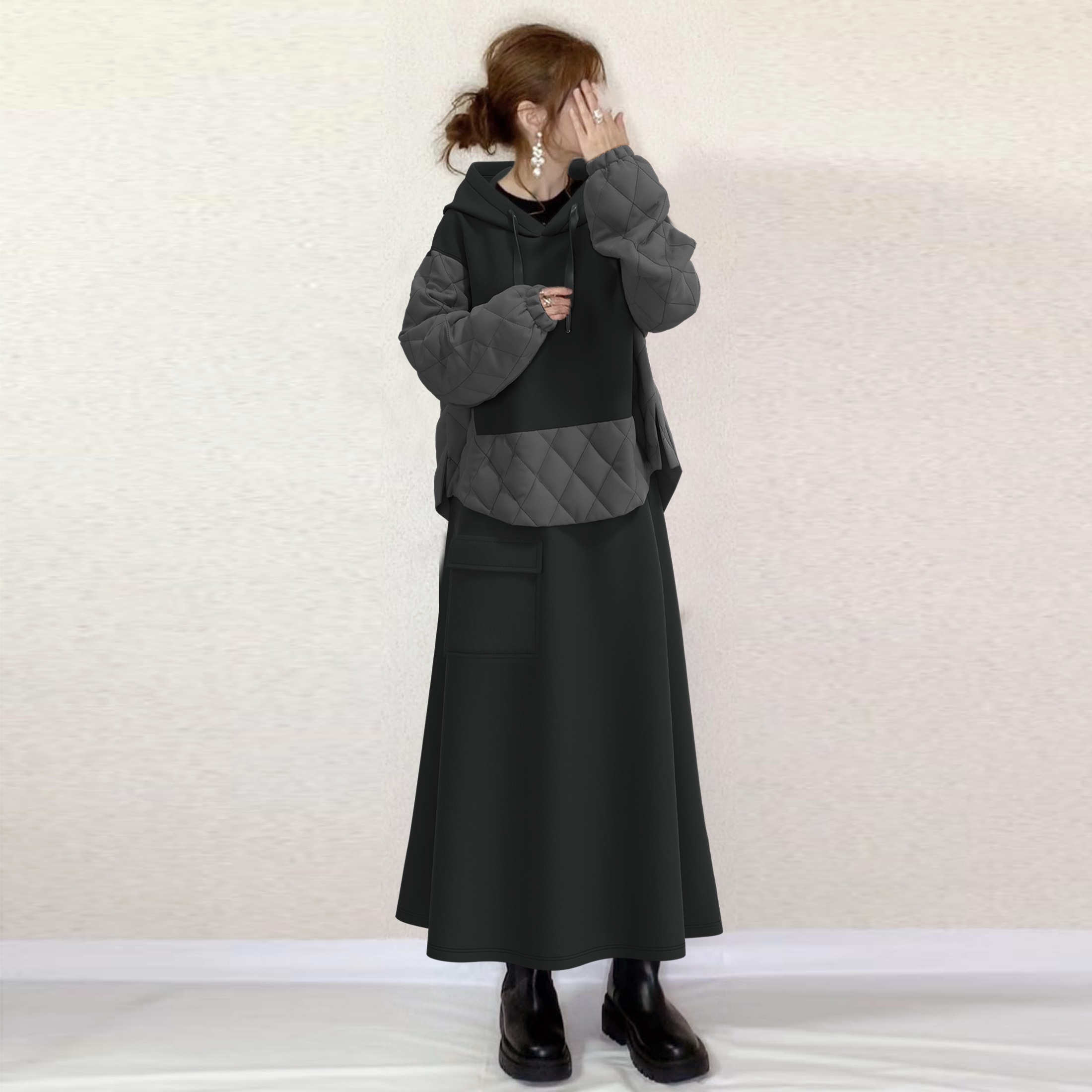 【春秋必須】 組み合わせ自由 スリット フード付き パーカー スカート 無地 2点セット レディース