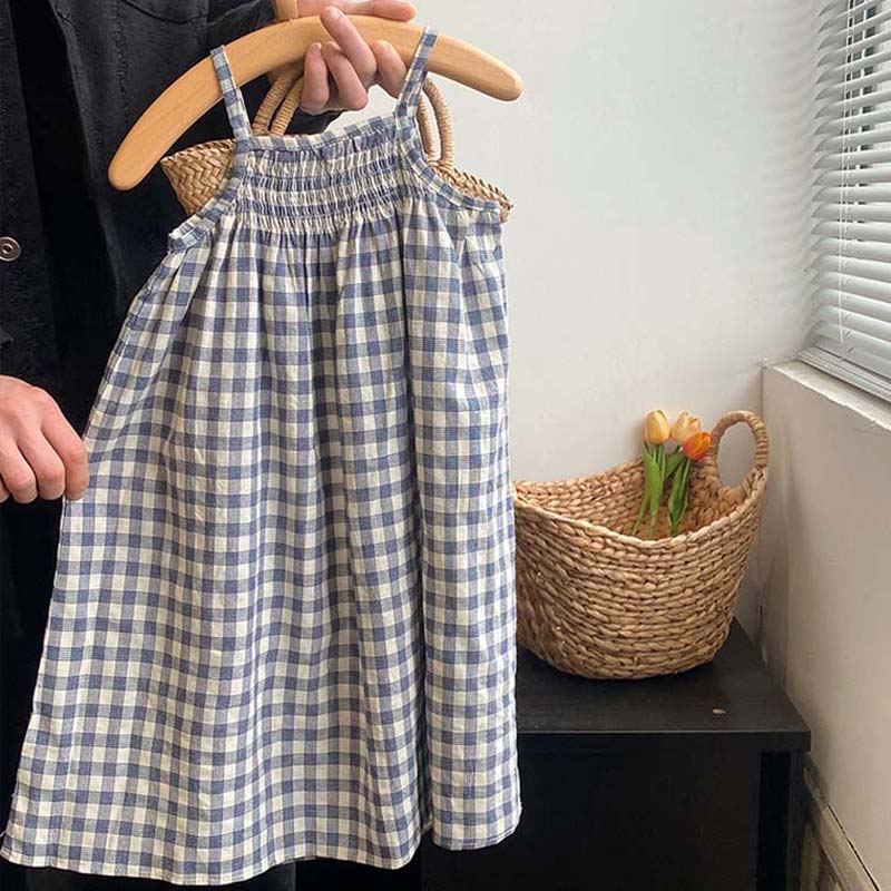 【新品プロモ-ション】ワンピース ブルー チェック柄 ノースリーブ 可愛い お洒落 韓国 子供服 女子 綿混 ベビー服 子ども 旅行 お出掛け お祝い 90cm 100cm 110cm 120cm 1