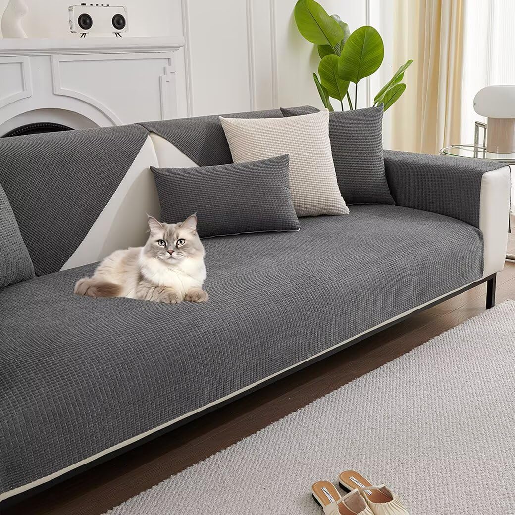 防水撥水加工ソファーカバー 滑り止め付き 厚手 無地 肘付き・肘なし対応 3人から5人掛けサイズ 洗濯可能 ダークグレー