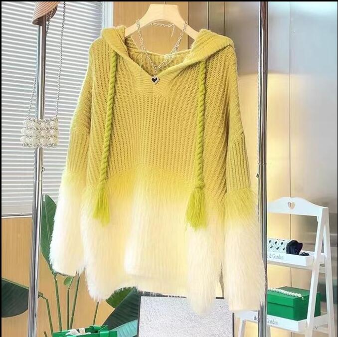 の新作ミンクのふわふわモチモチの怠け者フードセーター女つづり染めニットコート