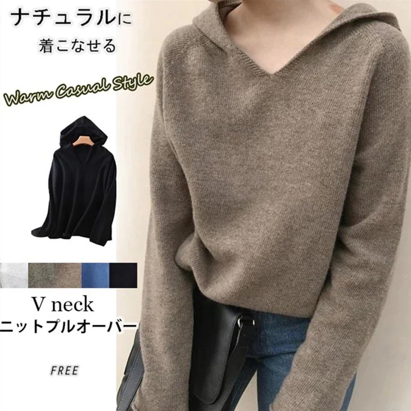 大人気！ トップス Vネックニット プルオーバー フードニット Tシャツ ニット レディース 春 トップス Tシャツ カットソー
