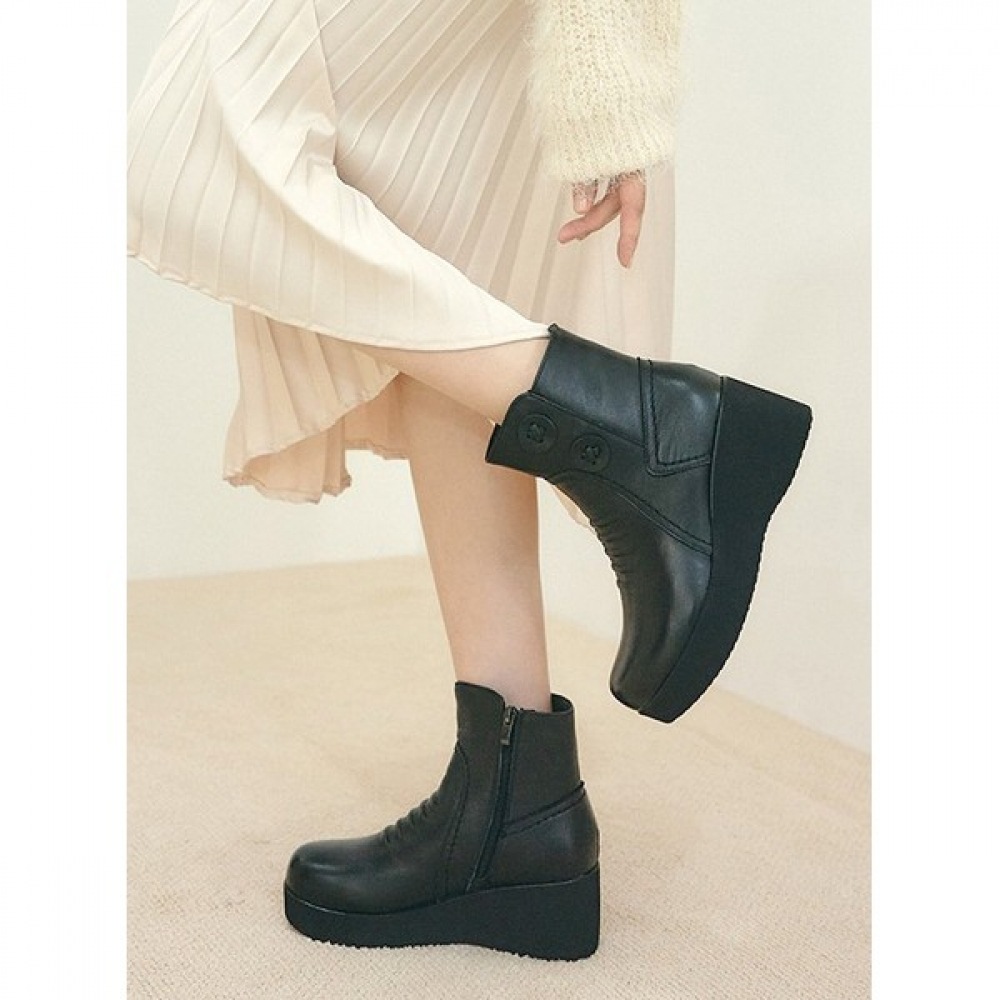 (Ninaspari) インステップリンクル起毛裏地 7cm チャンキーヒールレザーアンクル