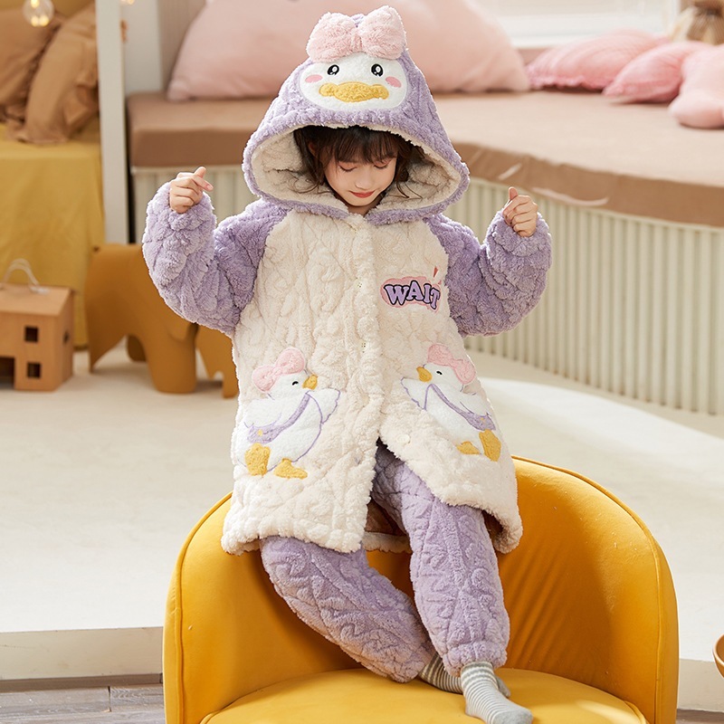 秋冬子供パジャマ女の子三重綿中長スリーパー帽子保温部屋着中大童セット