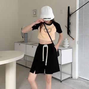 ハーフパンツ レディース ワイドパンツ ウエストゴム スリット ドローストリング センタープレス ポケット