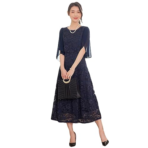 [DEEPEYES] パーティードレス レース ミモレ丈 フォーマル ワンピース 半袖 お呼ばれドレス 結婚式 二次会 お呼ばれ ドレス 大きいサイズ (２XL, ネイビー)