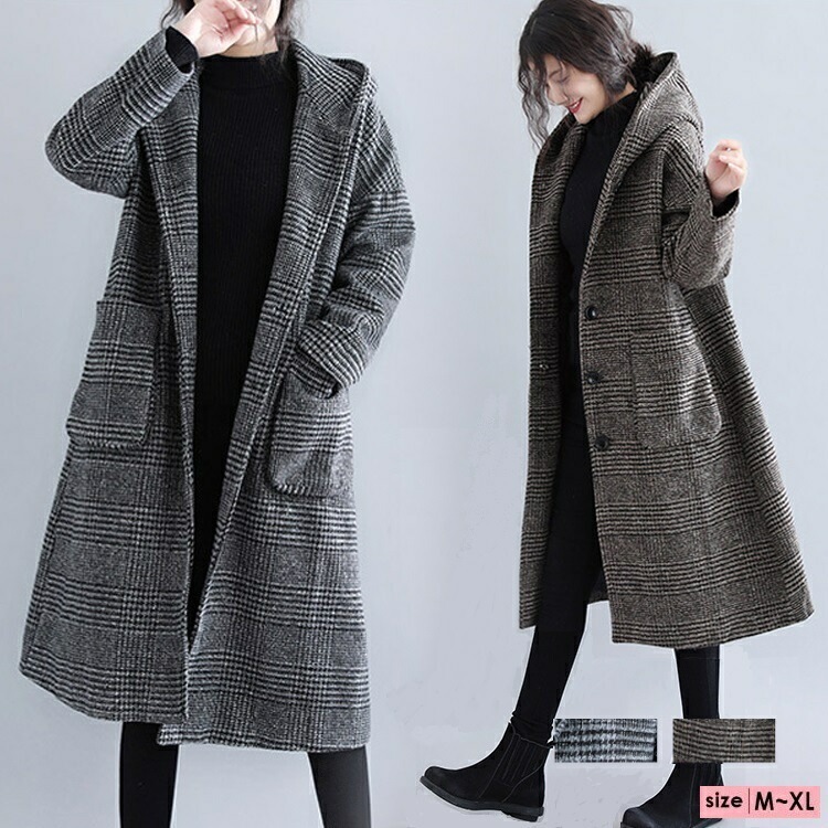 12 30 23:59までゆったりシルエット レディース フーデットコート グレンチェック フードコート フード付き ロング コート チェック コクーンシルエット