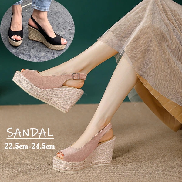 ウェッジサンダル スエード ヒール10cm レディース 夏靴 厚底サンダル かかと あり ヒールサンダル バックストラップ エスパドリーユ ジュート シューズ 黒 ベージュ 小さいサイズ 大きいサイズ