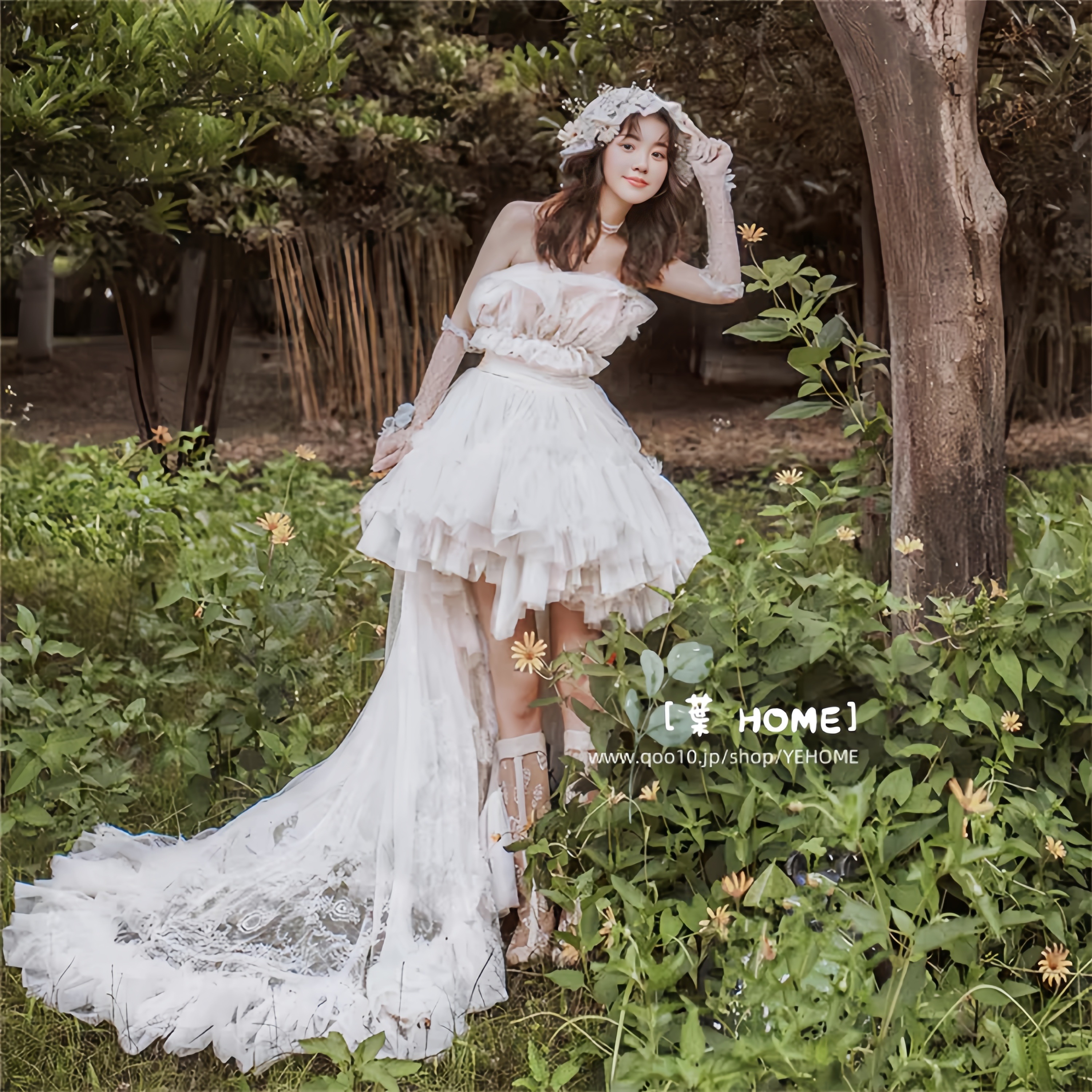 [葉 HOME] 森系 パーティードレス ウェディングドレス 小さなトレイ 花嫁ロングドレス 結婚式 二次会 エレガント お呼ばれ 挙式 簡約 姫系発表会 コンサート ポンポンスカート