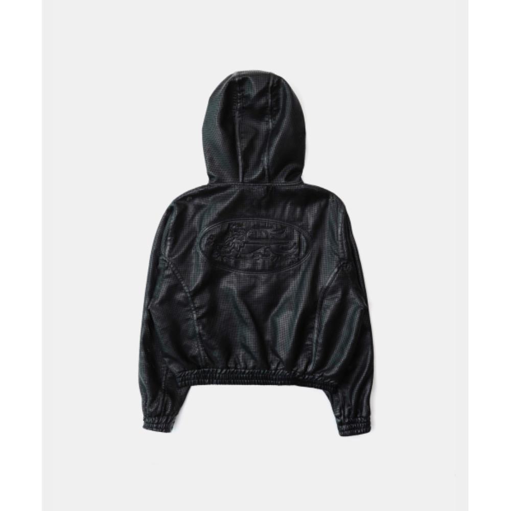 BADBLOOD Perforated Leather Hooded Zip-Up Black w-hde25