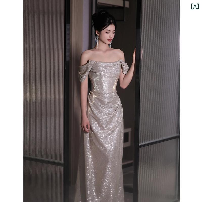ドレス　パーティー　レディース ワンショルダー イブニングドレス 高級 シルバー スパンコール 学生の 日 成人 式 芸術 試験 司会者 トースト ドレス 花嫁 モーニング ローブ