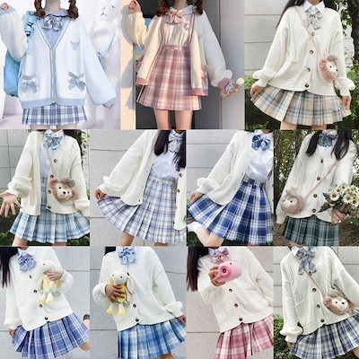 韓国 秋冬jk制服学院風リボンニットカーディガン＋シャツプリーツスカート スーツ 涼しく楽ちんセッ