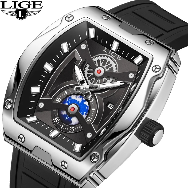Lige-メンズスクエアクォーツ時計シリコン大型時計ビジネスミリタリー防水スポーツファッションカジュアル新品