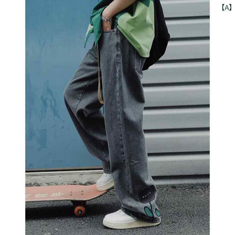 デニムパンツ レディース メンズ ジーンズ おしゃれ カジュアル ウォッシュド 花 刺繍 ストレート パンツ 春夏 韓国 グレー