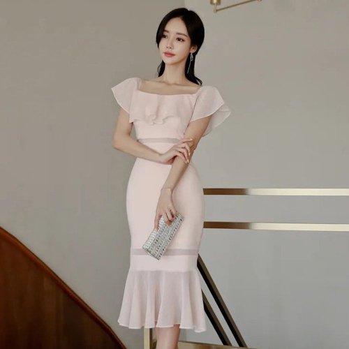 キャバドレス ナイトドレス ミディアムドレス マーメイドライン オフショルダー ワンピース スクエアネック フリル メッシュ レディース グラシア